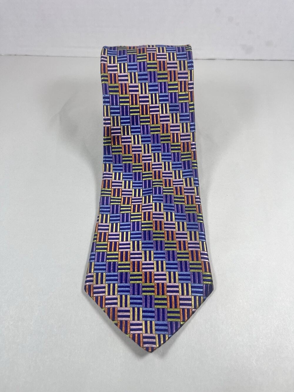 Tommy Hilfiger Mens Necktie Woven Basketweave Multicolored Purple Yellow